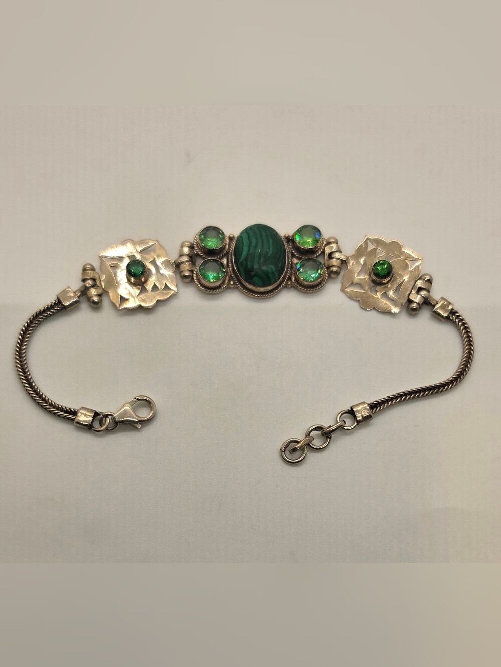 Sterling Silver Bracelet with Green Malachite Center and Sparkling Accents